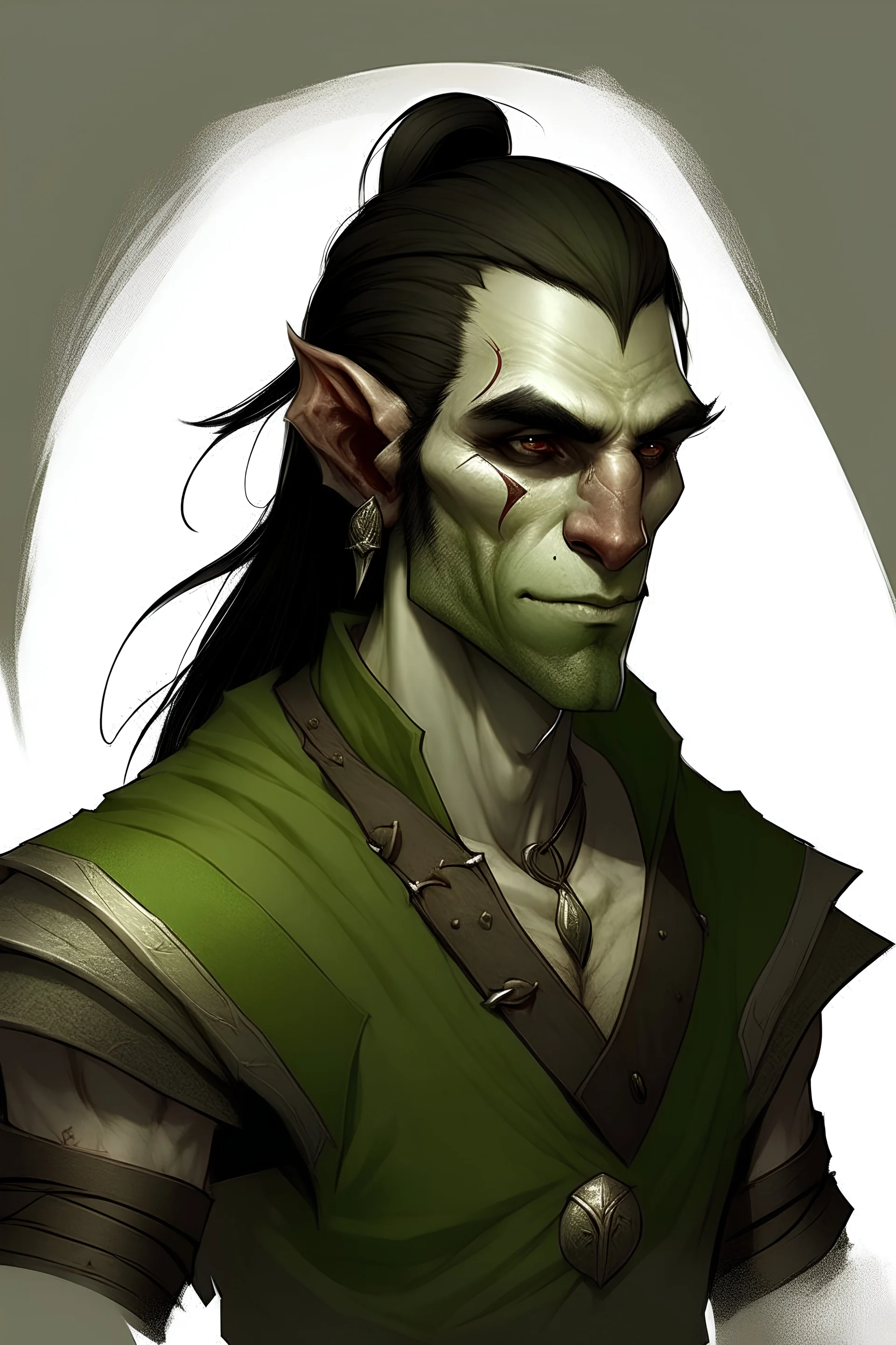 Half elf half orc. He dont have left arm. Scar on the nose