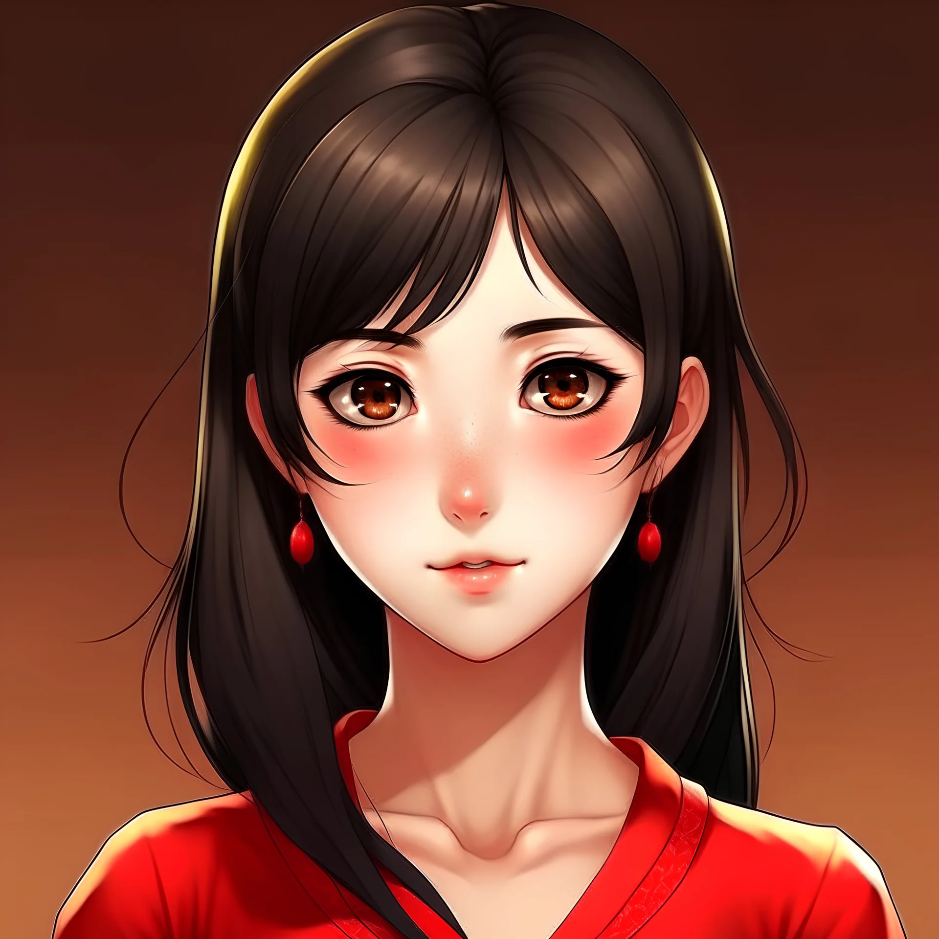 Teenage Chinese girl, black hair, red dress, brown eyes, pale skin, anime style, front facing, looking into camera,