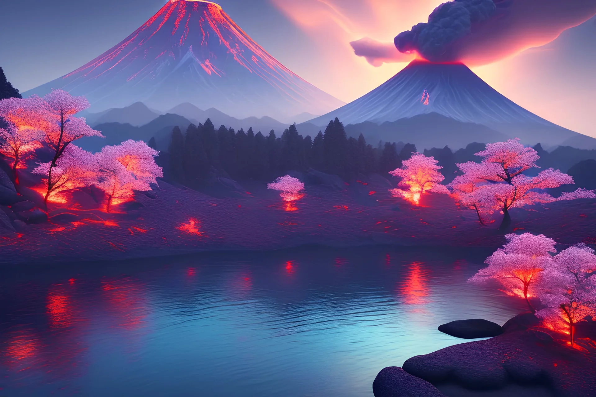 Japanese Fuji Mountain,eruption lava flows into the lake , concept art, smooth, extremely sharp detail, finely tuned detail, ultra high definition, 8 k, unreal engine 5, ultra sharp focus, illustration, magic ambient, bonsai cherry blossom trees .