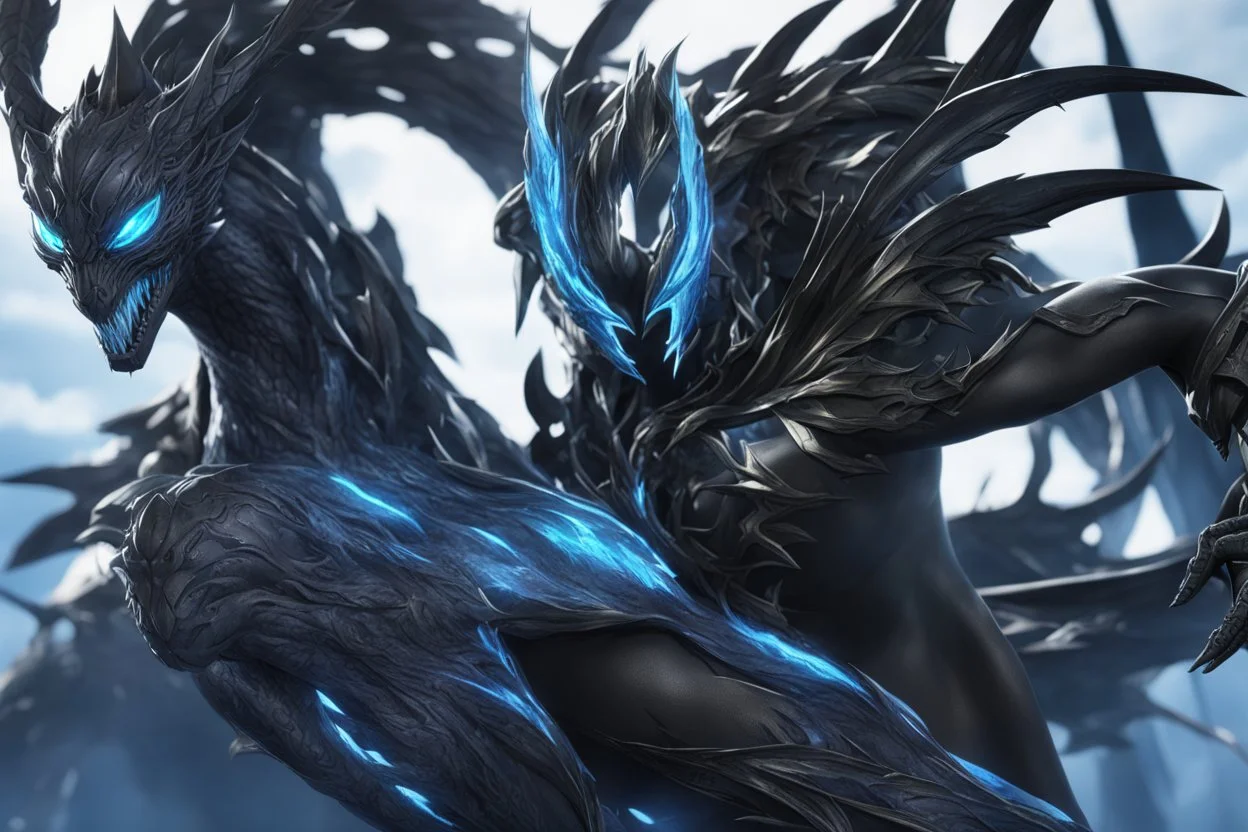 Crystal and Symbiote in 8k solo leveling shadow artstyle, cgi them, genji model, blue neon effect , dragon tattoos, close picture, full body, apocalypse, intricate details, highly detailed, high details, detailed portrait, masterpiece,ultra detailed, ultra quality