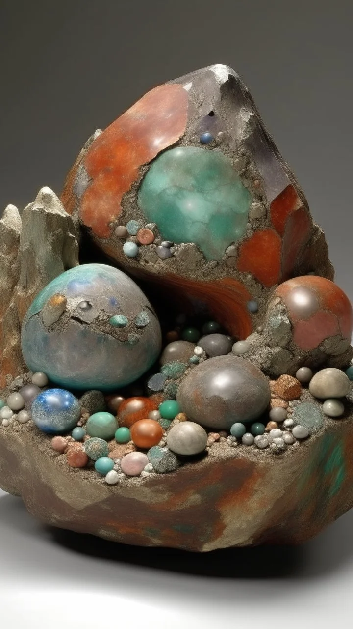 A grayish copper brown rocky canyon with multicolored geodes designed in Ica stones painted by Raymond Duchamp-Villon