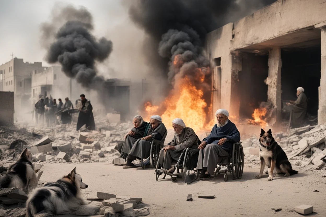 10 bloody elders in with sad dogs in wheelchairs trying to escape from falling bombs in a ruined city in Palestina, smoke and fire and explosions