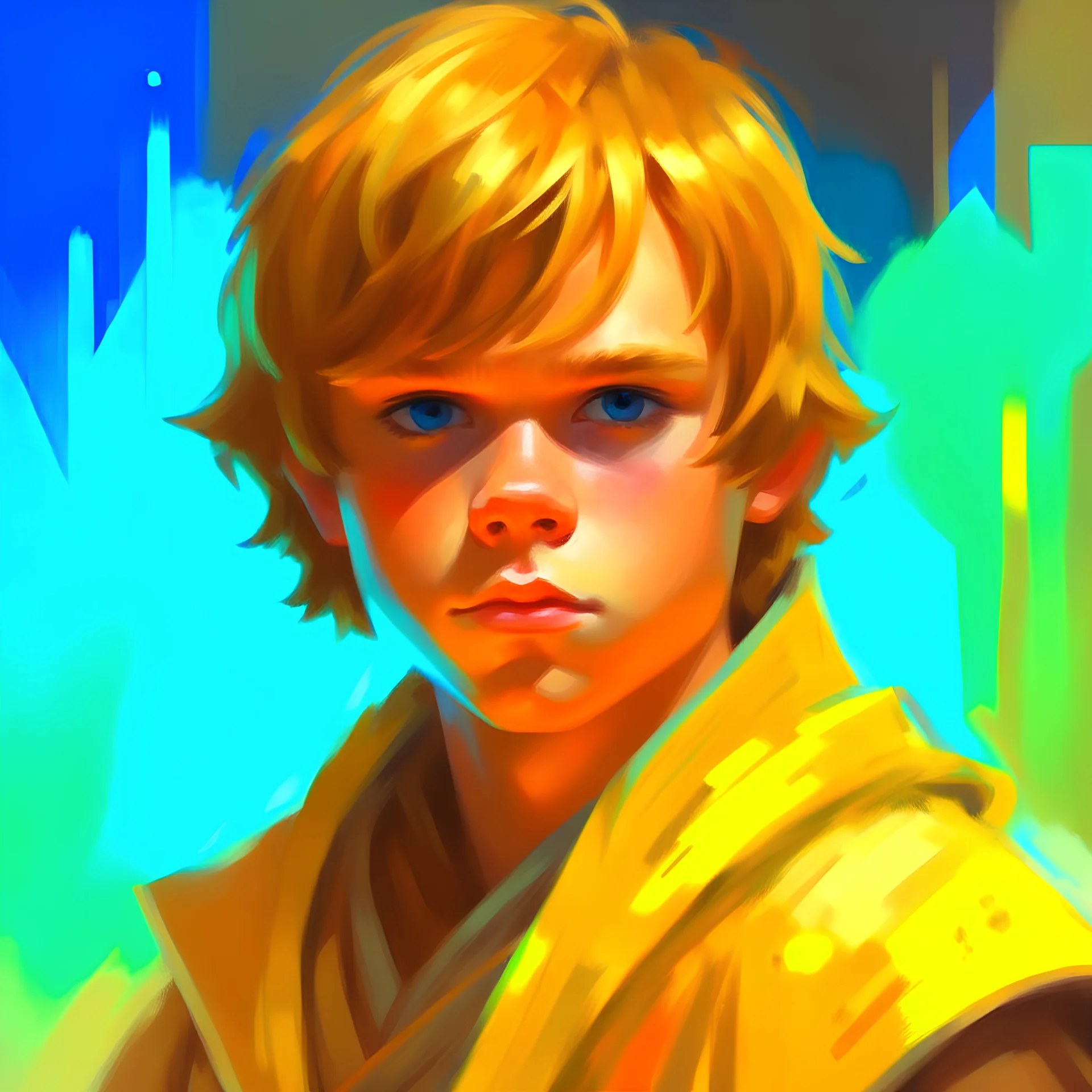 Rough paint art, tcg card illustration of young Jedi Knight Luke Skywalker