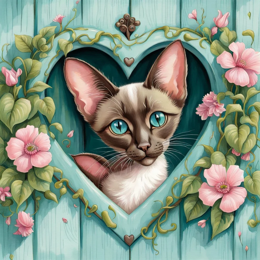 A chocolate point Oriental shorthair siamese kitten peeks out from a heart-shaped opening in a weathered turquoise door,surrounded by delicate pink flowers & green vines.The kitten's large,expressive eyes & soft fur create a charming & whimsical scene.realistic watercolor illustration vampiress, gothic attire, moonlit, alluring grin
