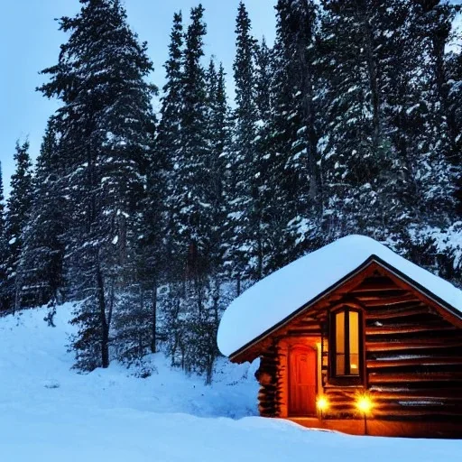 Log cabin in deep snow with glowing windows