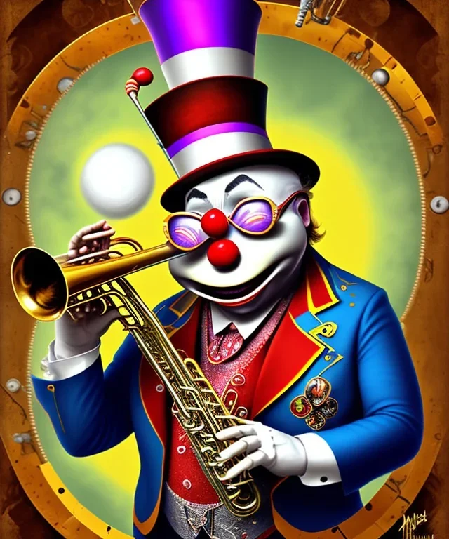 mechanoid old friendly fat clown with trimmed beard playing jazz with a steampunk theme, trumpet, realistic