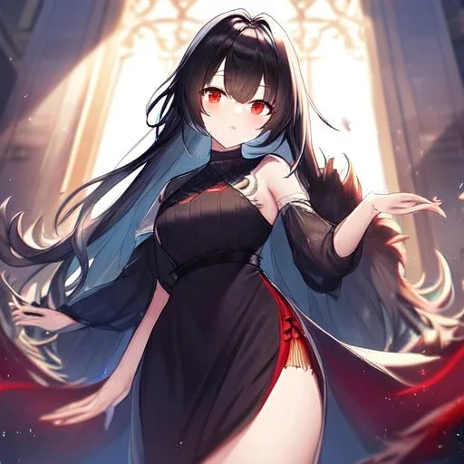 Clear focus, high resolution, black long fluffy hair, red eyes, wearing a cute outfit