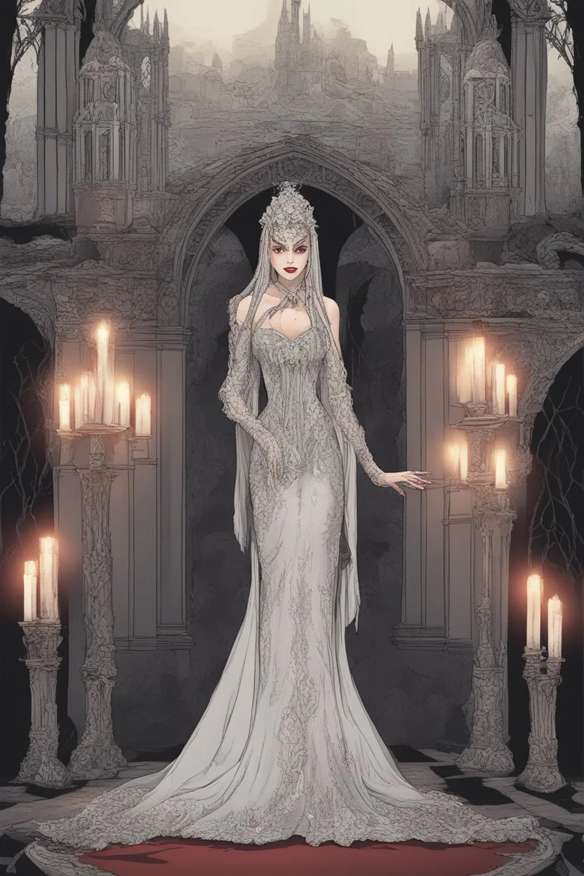 Vampire queen's wedding, in a dark castle, firelight, candles