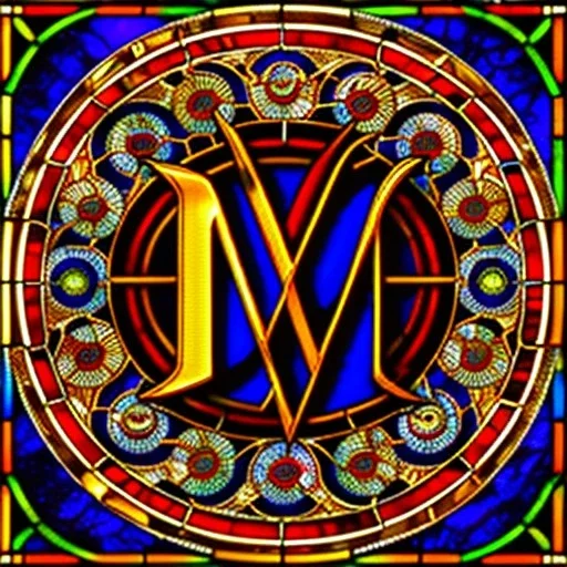 round coaster of letter M with stained glass window effect, highly detailed, intricate, warm colors, stained glass window, glossy from rain, warm lighting, dramatic lighting