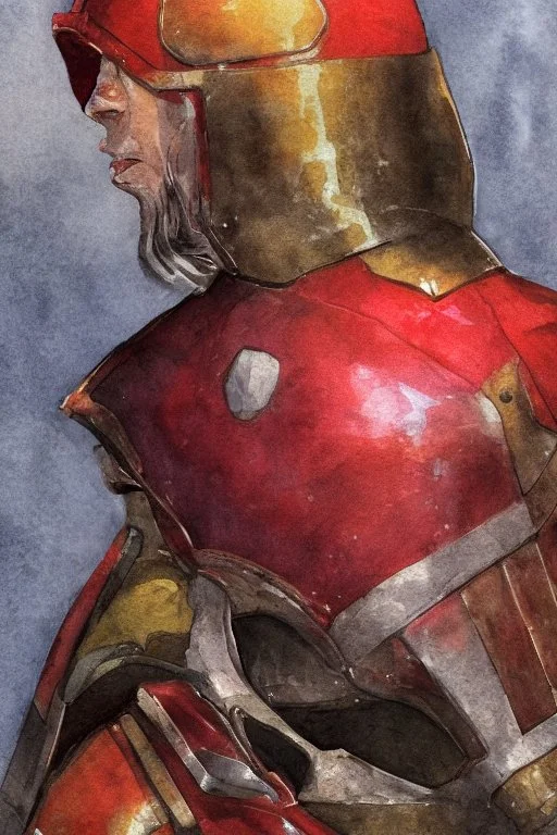 dnd, fantasy, watercolour, illustration, portrait, red phantom, knight, plate armour, all red, transparent, veins of golden light