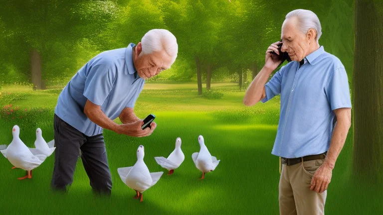 confused older man on the phone in his backyard trying to get the ducks to leave