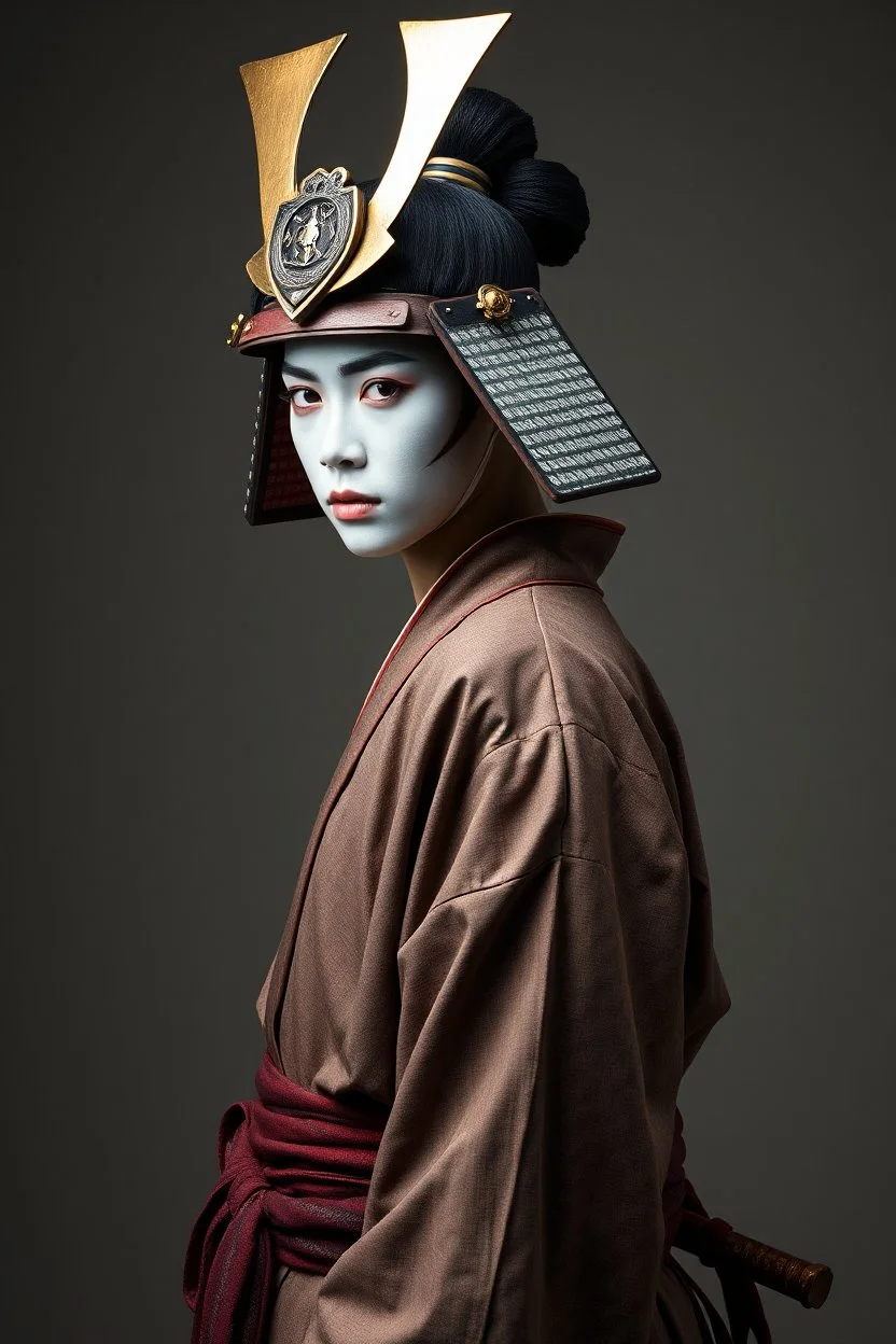 Traditional samurai man , full body side view, looking at the viewer, white make up on her face, , traditional si, studio photograph, very aesthetic, highly detailed, brilliant composition, hyper realistic, photorealistic, subsurface scattering matt painting