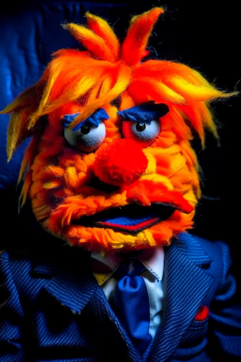 a Film Photograph of an angry orange Donald Trump Muppet made of felt and fur wearing a dark blue suit and red tie, lips made of foam