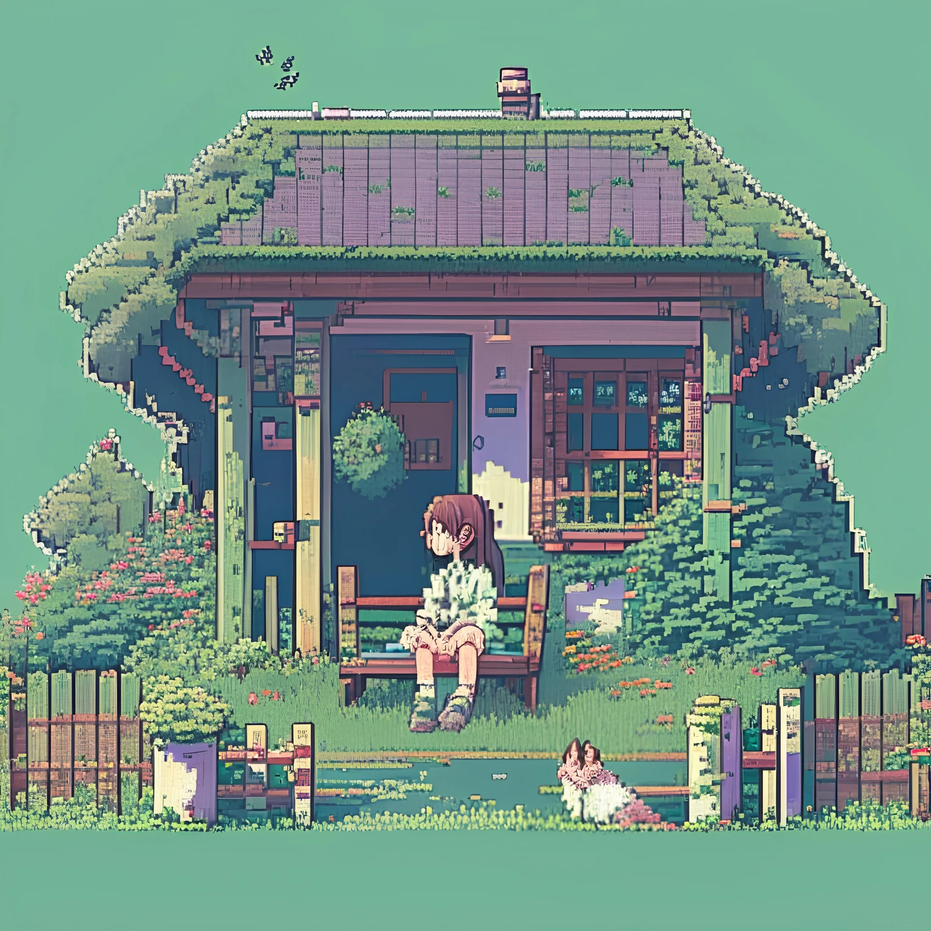 A studio ghibli house with garden, well, fence, girl sitting on a chair, pixelart