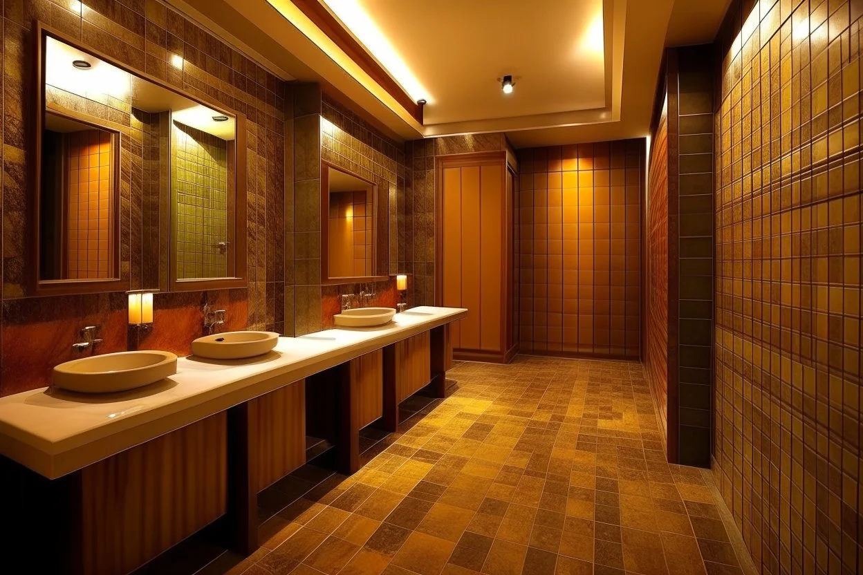 Pictures of a group of bathrooms in Mathaf Restaurant. The walls and floors are colored in brown tones