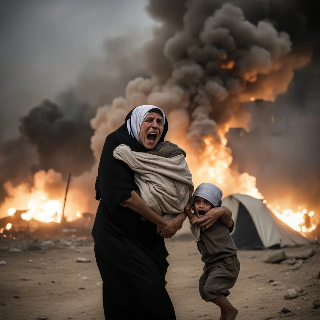 A Palestinian woman wearing the Palestinian dress carries her dead son as she screams and cries at night, with explosions in refugee tents behind her.