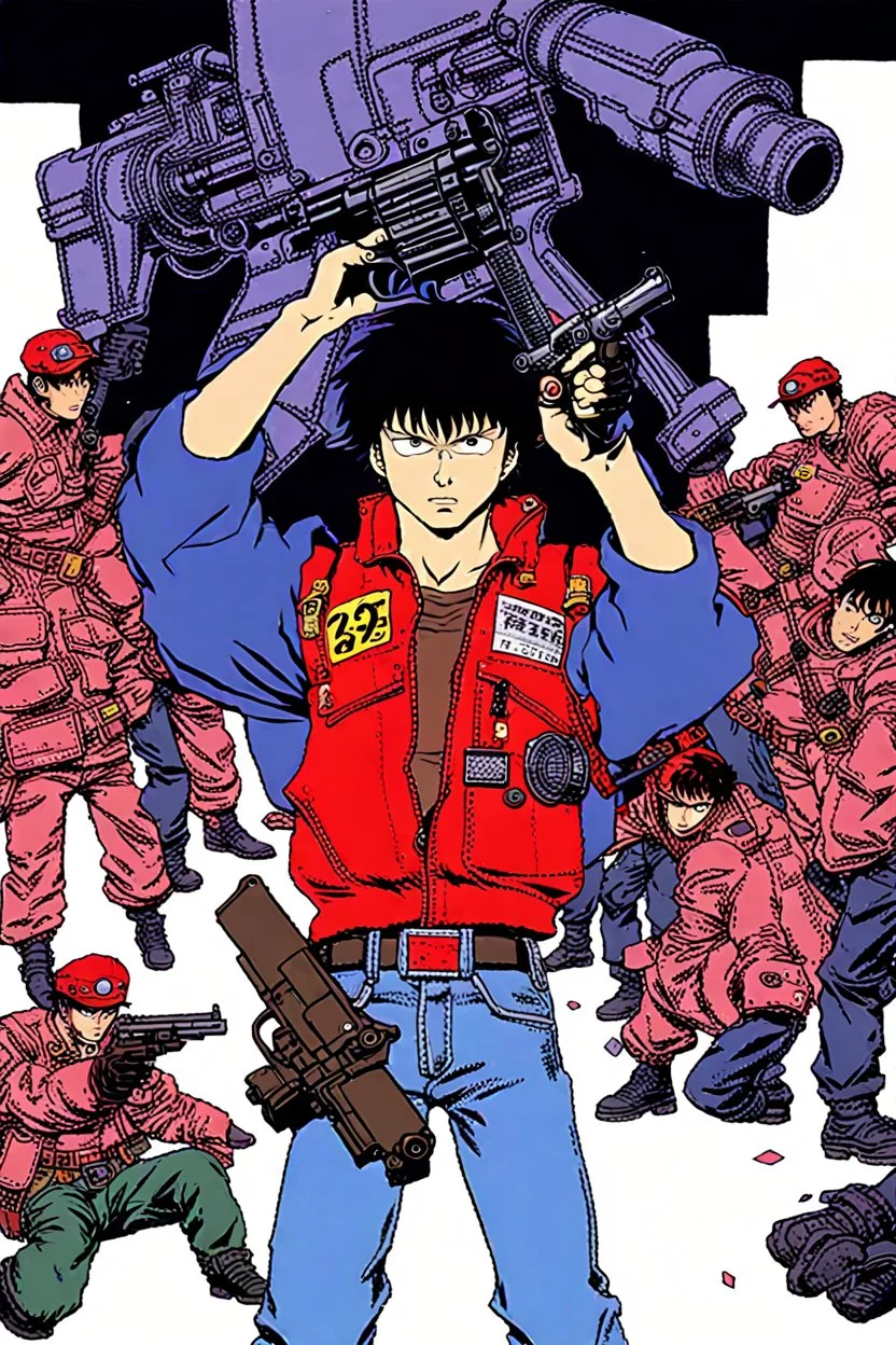 Shotaro Kaneda from Akira movie holds a revolver gun to his head.