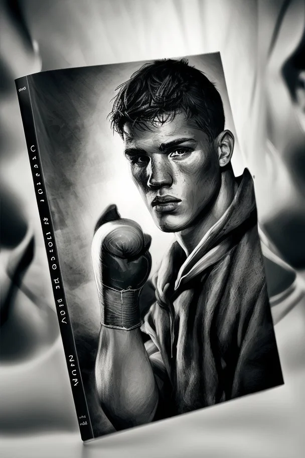 white skin man , book cover design reflecting the journey of a young, ex-boxer fighting immigrant with a heavy past and long path of challenges. The design captures his hopeful spirit amidst adversity, portrayed in a modern setting with a black and white color scheme that adds depth and emotion to his character.