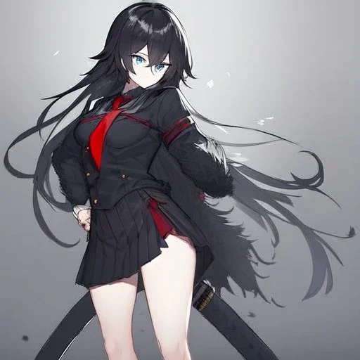 Clear focus, High resolution, long black fluffy hair, blue eyes, wearing a black sailor uniform, red tie, yandere, rough line sketch, dark aura, holding a katana, hair between eyes, 1girl, standing in grey sand