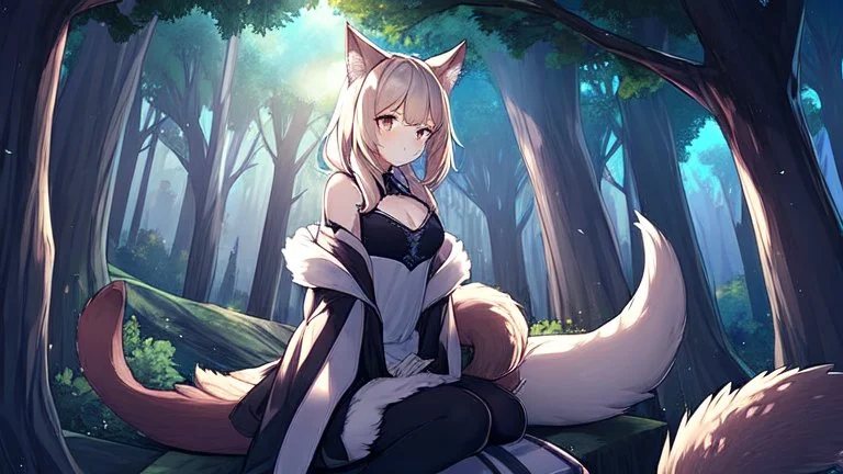 Girl, animal tail, animal ears, sit , night, forest