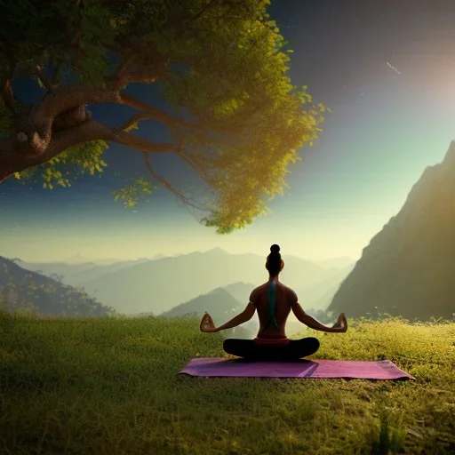 A powerful yogi doing meditation under tree in Himalayas, sun light, hd, hyper realastic