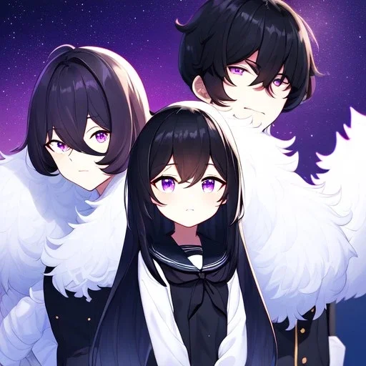 Clear focus, High resolution,a anime kid, roughline skecth, cute, cartoony style,interesting hair between eyes,black hair,, fluffy hair,long bangs,purple eyes, front view, background is space with stars, wearing a black sailor uniform