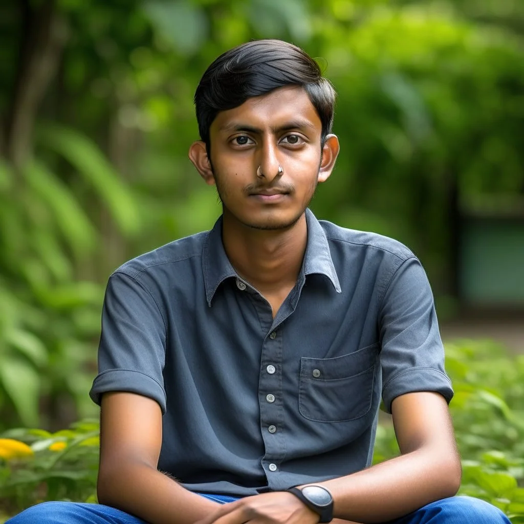 an 24 year old indian man, oval face, tanned skin, wearing shirt and jeans, sitting in a garden, peaceful, front face portrait, short hair