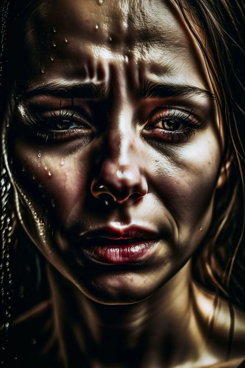 A beautiful woman with tears streaming down her face, her expression a mix of sorrow and despair.HOF, full size, (((realism, realphoto, photography, professional photographer, captured with professional DSLR camera, 64k,