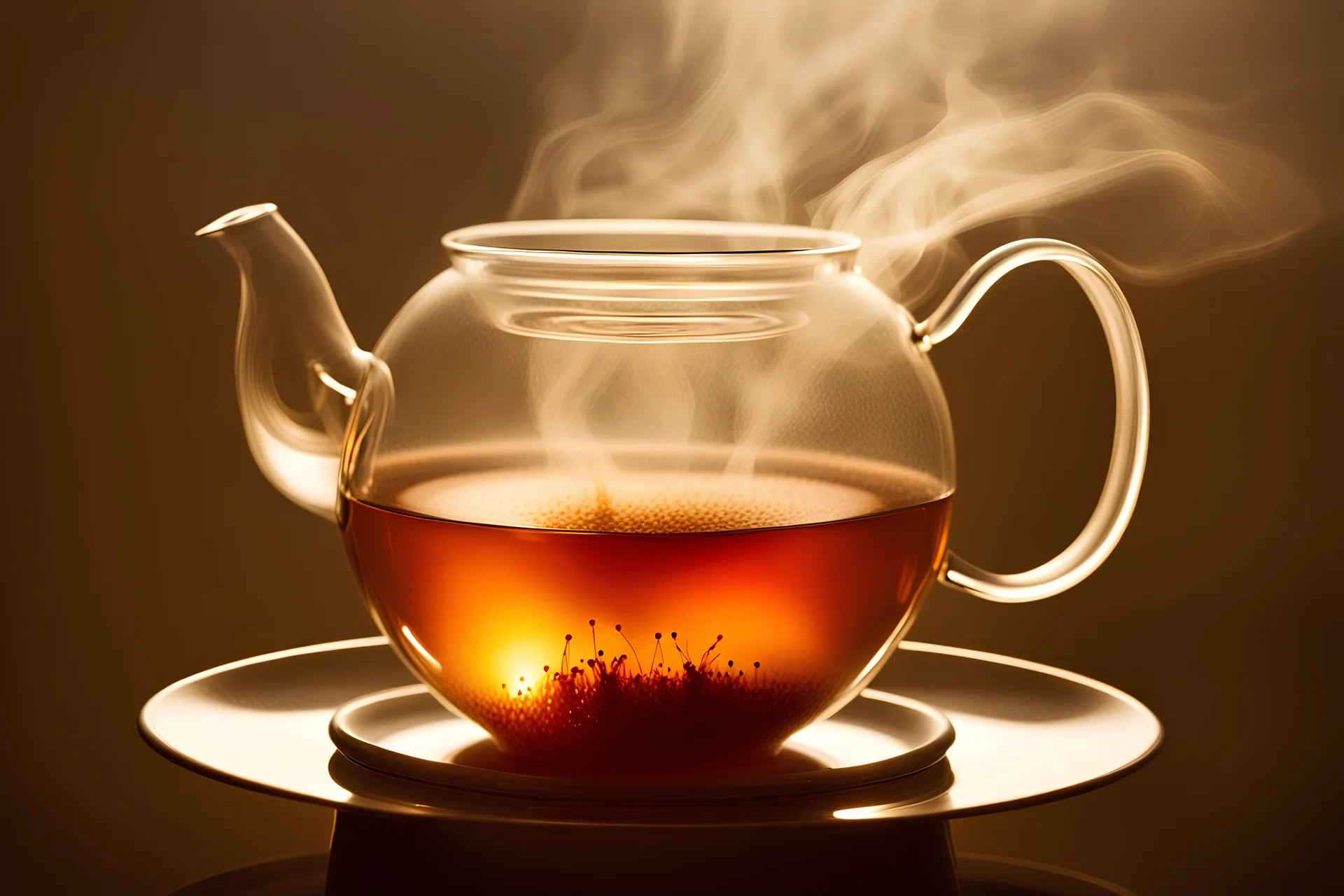 macrophoto taken FROM an inside perspective WITHIN a teapot, just above the surface of the steaming hot tea, volumetric light