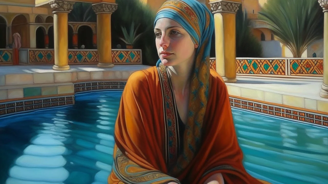 Neoclassicism pool arabic people woman in pool painting realistic cote d'azur colorfull