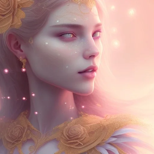 crystal rose beautiful girl smile,utra realistic,highly detailed, gold, pink, jewels, lace, masterpiece, delicate detailed, sharp focus, insanely detailed, fantasy art, intricate detailed, elegant, fog, Special Lighting, Vibrant, color Scheme, forest, unreal engine 5, trending on artstation