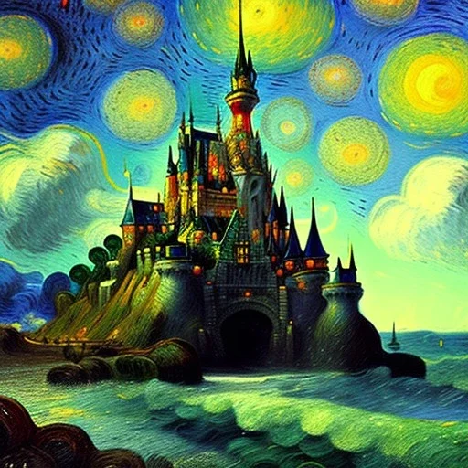 Dibujo al oleo de una Castillo en la playa con gaviotas con tormenta con estilo de Vincent van Gogh