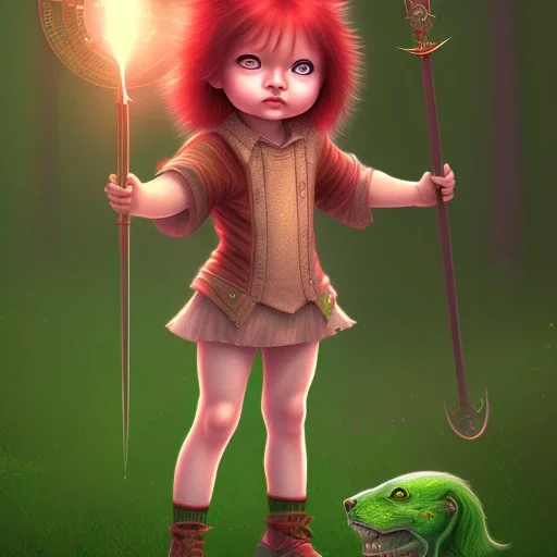 Child, girl, full body, red hair, adventure, sharp, green eyes, magic staff