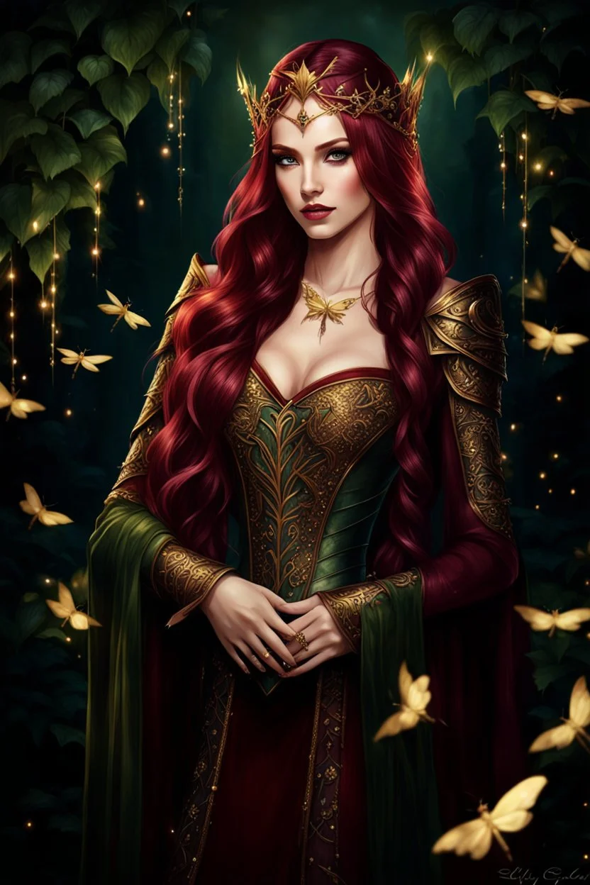 Burgundy hair, dark hair,dark red , rapunzel hair,very long hair,dark fairy princess,elven crown,night,dragonflies,beautiful,ong ashes,golden armor ,sparkle,night blooming,ivy,dark green,lilly of valley,golden elven crown,elven warrior,dark gold armor,extremely long hair