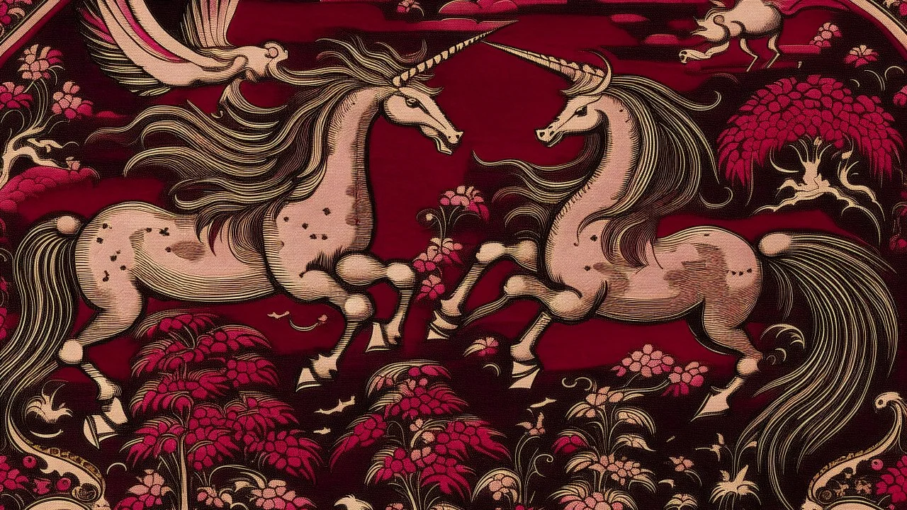 A dark magenta domain with winged unicorns designed in medieval tapestry