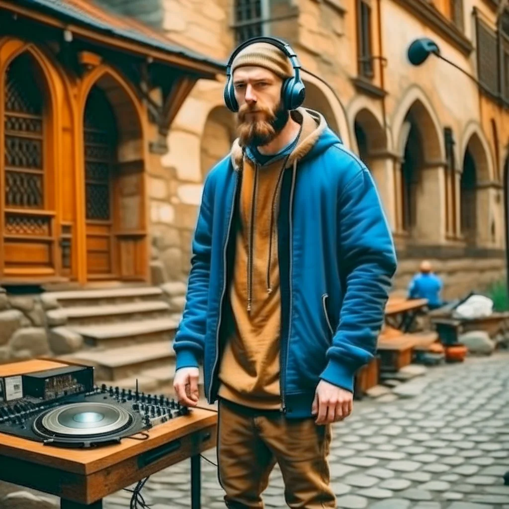 short beard man with cap, DJ play records ,at medieval city street background, full body