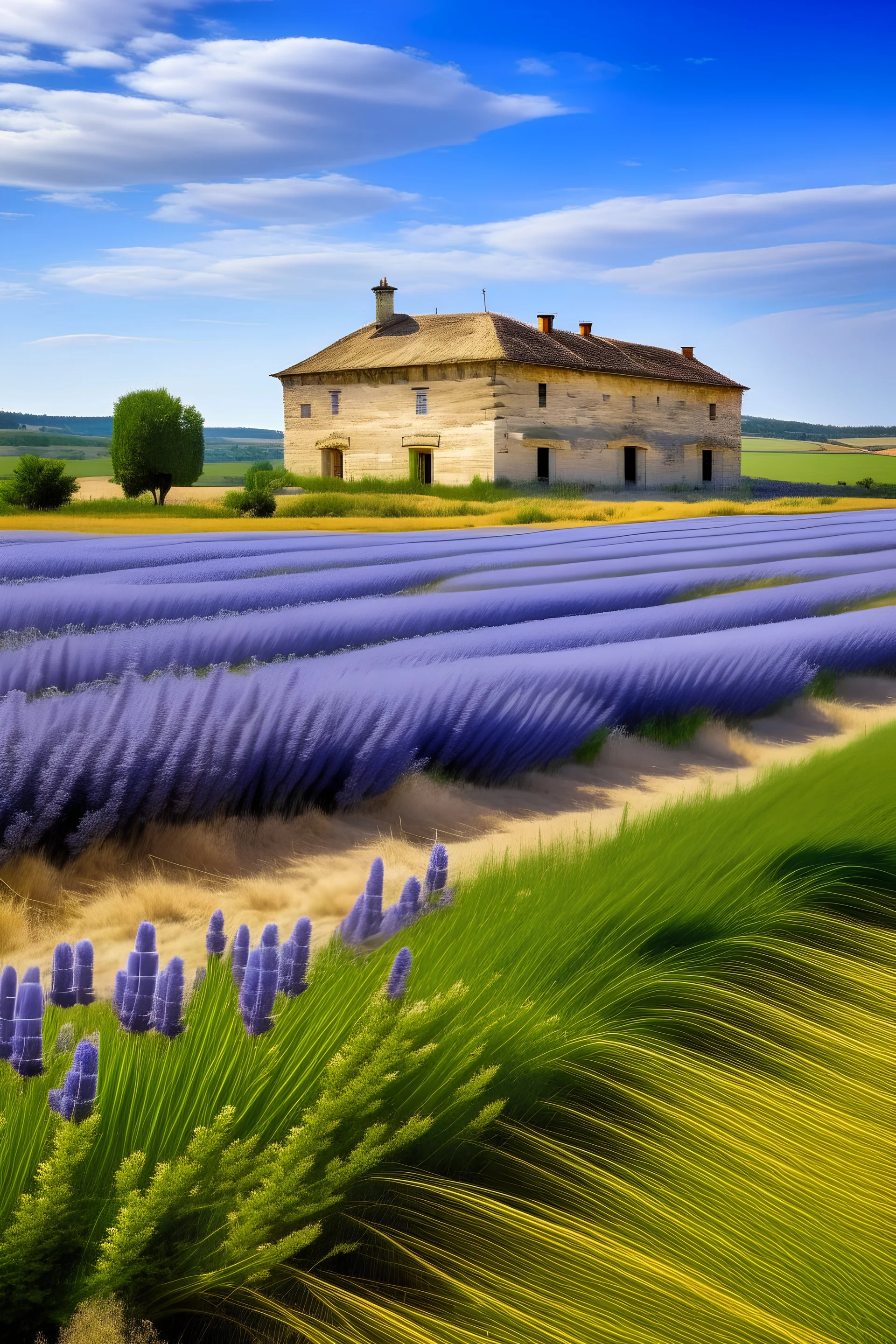 Uma imagem idílica de extensos campos de lavanda em plena floração na região da Provença, com uma fazenda de pedra ao fundo.