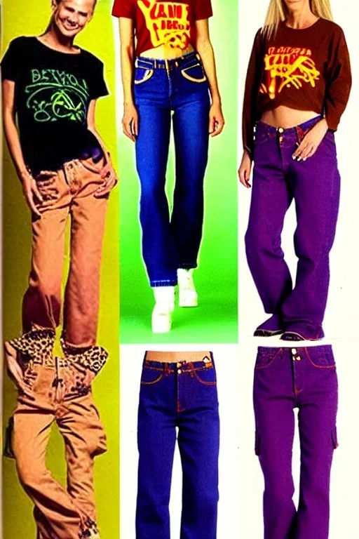 year 1996 denim fashion. Loose fit, low waist, baggy, Combat pants and t-shirt. Colors: denim blue, blue, purple, khaki, light green, lilac, plum, orange, terracotta, red, pink, dark blue, beige. Women models. Patterns: cheetah, balls, stripes.Jennifer Lopez, Gwyneth Paltrow, . Big tennis shoes on. Cargo pants. leg warmer