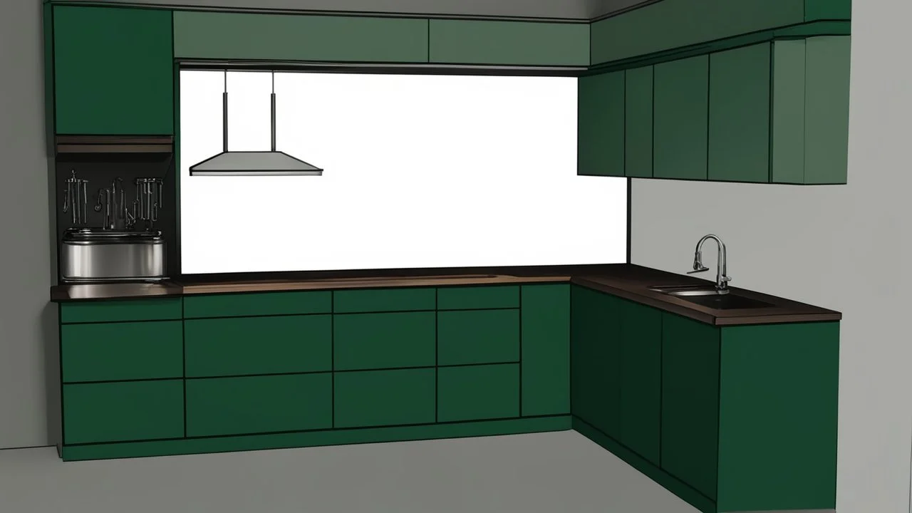 dark green kitchen with forest wallpaper on the white wall, very realistic