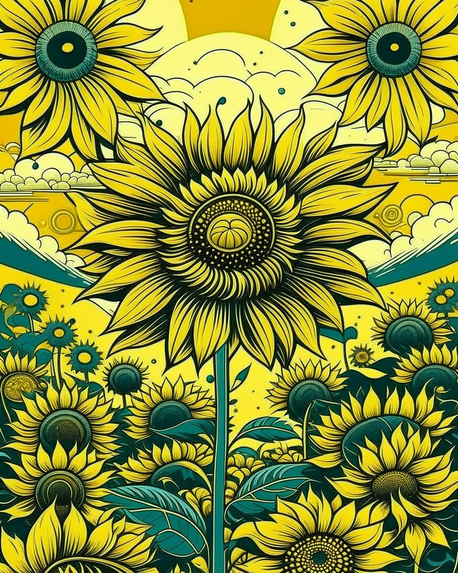 giant sunflower, with beautiful bees flying around, in shephard fairey style graphic, urrounded by golden leaves, sharp detailed graphic, garden background with blue sky and white clouds.