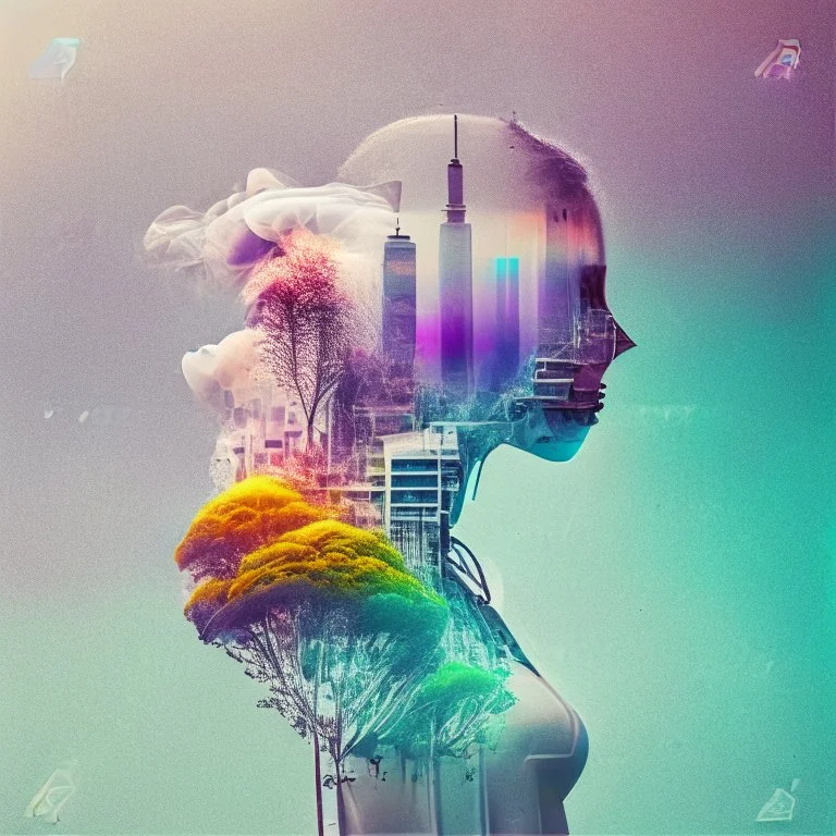 smoke, smog, city scape with pollution, double exposure photography, colourful nature, clean sharp focus, on white background