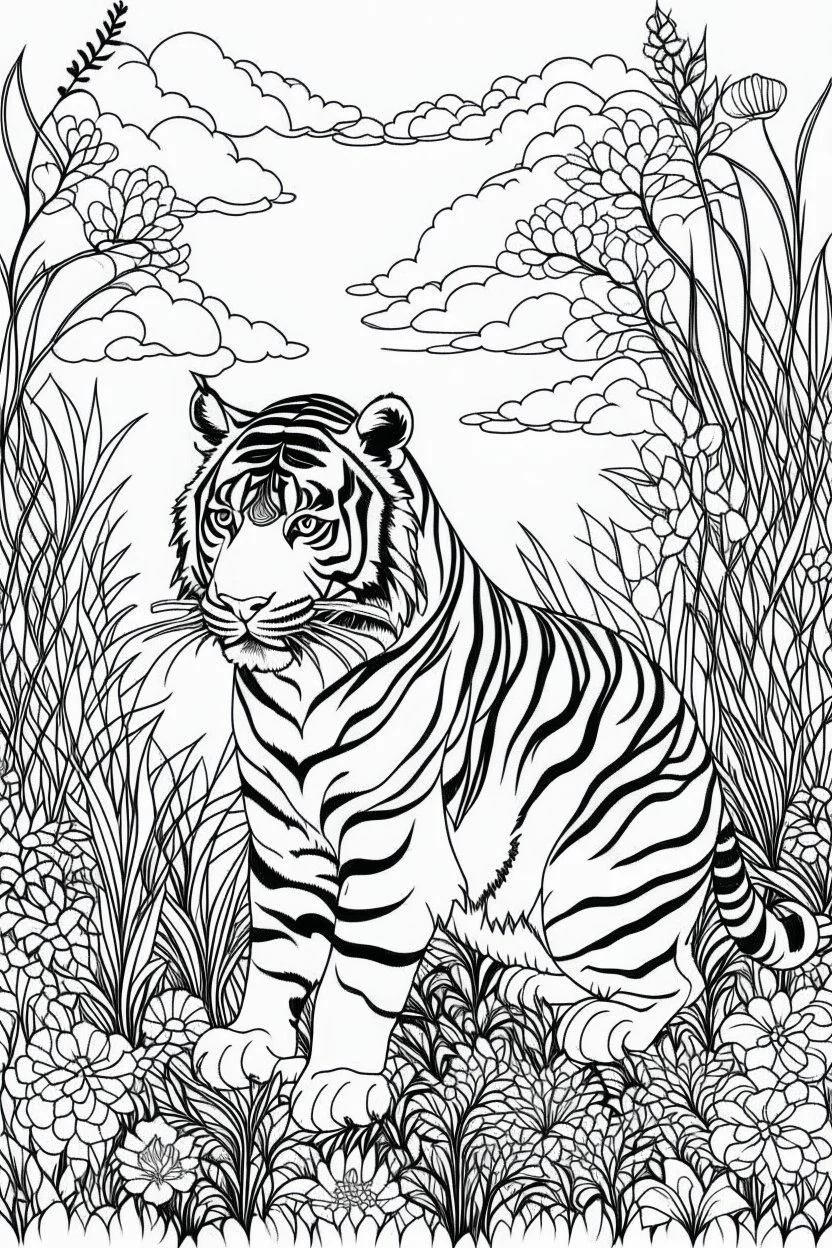 Outline art, tiger in the garden, cartoon style, black and white, low detail, no shading, --ar 9:11