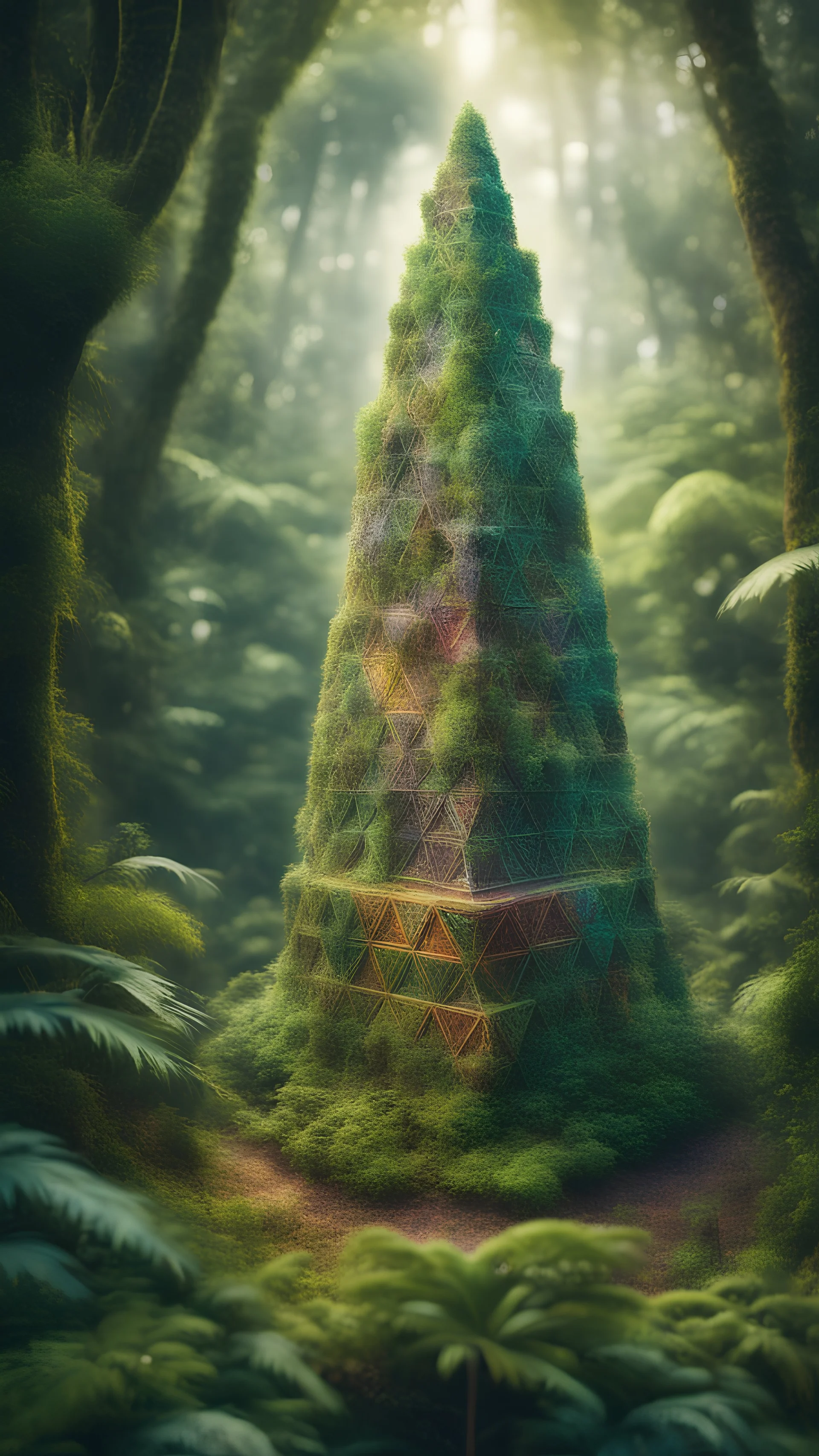 portrait of a happy blissed quickling woven into a sacred geometry knitted tapestry tower in the middle of lush magic jungle forest, bokeh like f/0.8, tilt-shift lens 8k, high detail, smooth render, down-light, unreal engine, prize winning