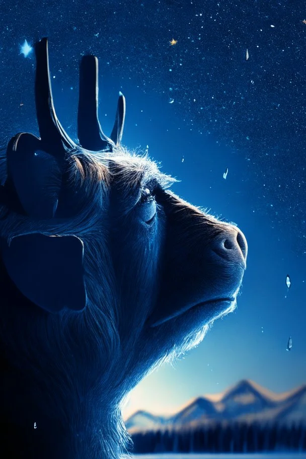 grandpa moose looking up, with background star field seen in the window of a boat, 4 k, trending art, depth of field, in the style of gorillaz