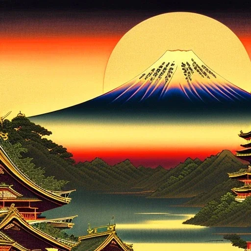 Ukiyo-e painting of a mount fuji at sunset