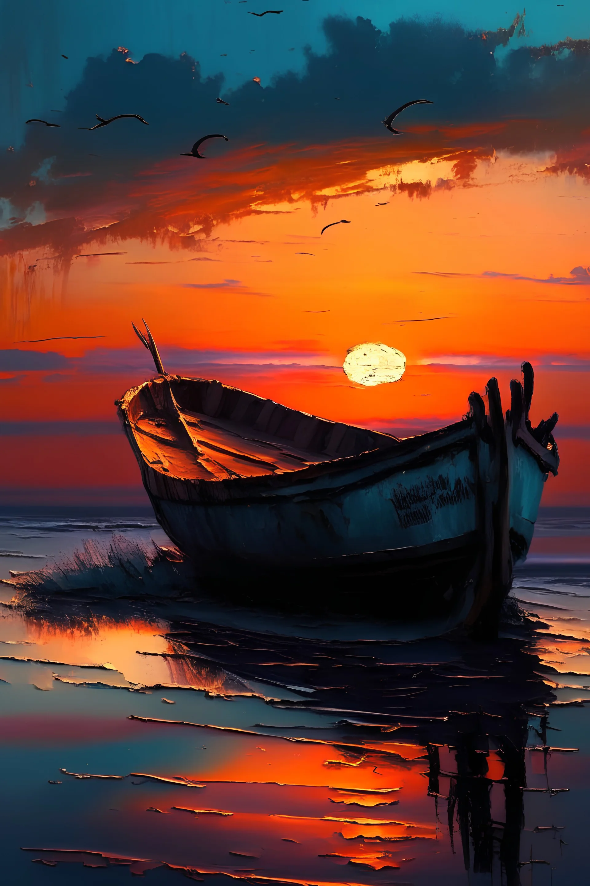Sad Paint of Boat at the sea with sunset