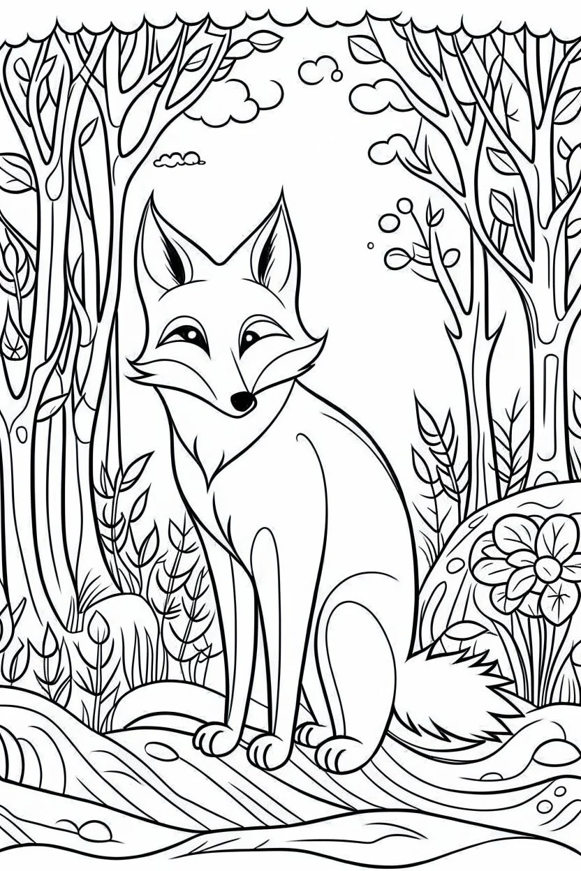 DRAW TO COLORING OF A FOX ON THE FOREST, BLACK AND WHITE CARTOON STYLE, LOW DETAILS, THICK LINES, NO SHADINGLINES