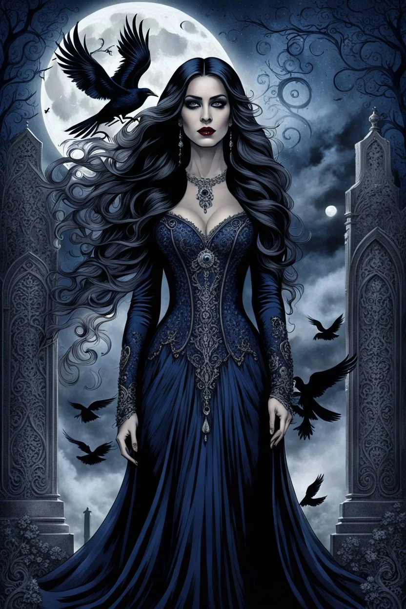 A muted dark colored gothic image of a woman with intricate sade facial features dark eyes, dressed in a deep midnight blue and grey long flowing dress with an aura of fantasy, with long dark hair, there are swirls of silver, a black raven fly around her , a full moon in the dark sky, big mist around her a tombstone, skulls, dark roses, midnight blue roses, a wrought-iron fence around the graveyard, gnarled tree near the tombstones, moonlight filtering through the trees, ethereal glow and fog