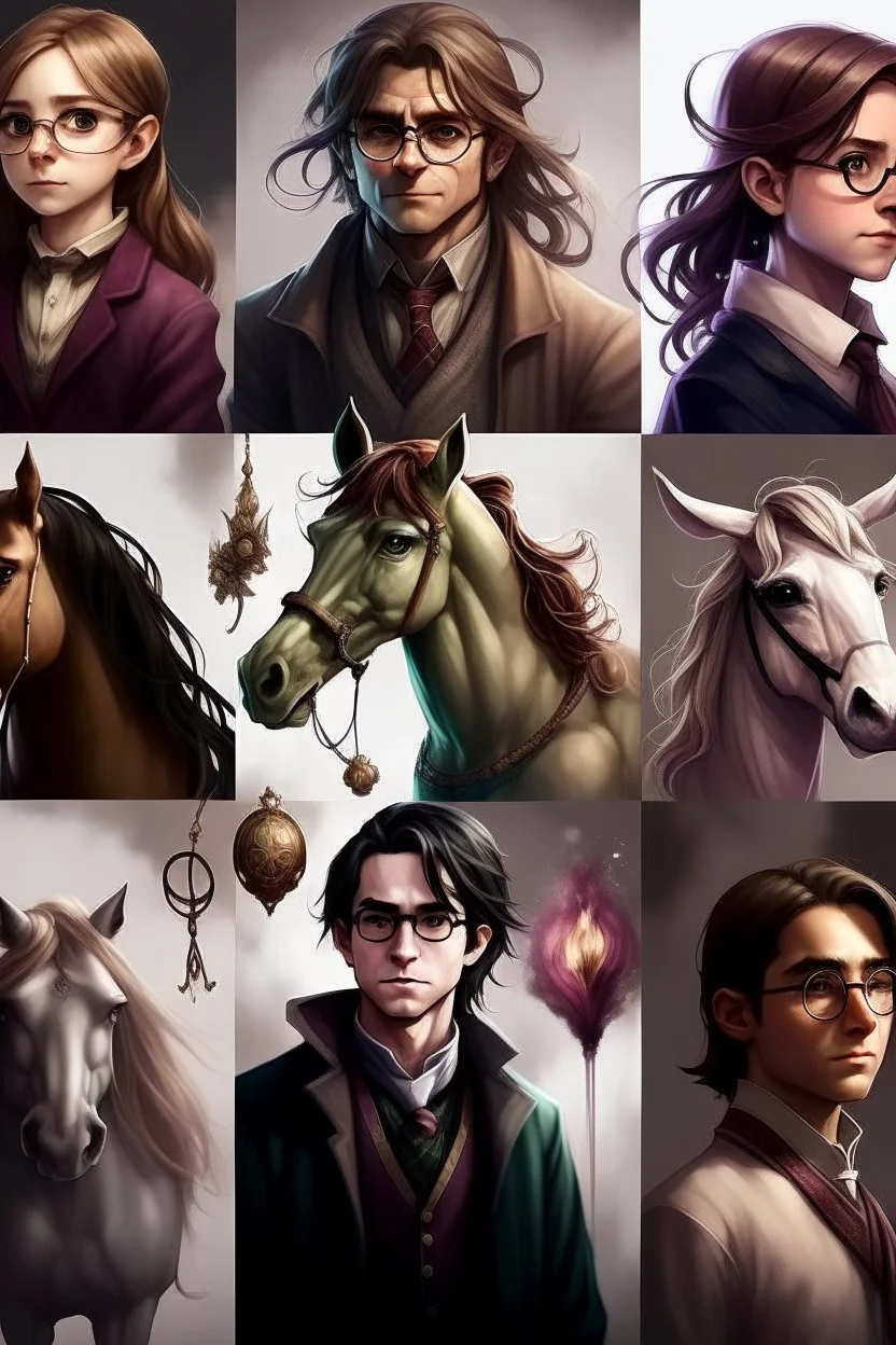 Draw me an image of harry potter characters, but all are horses