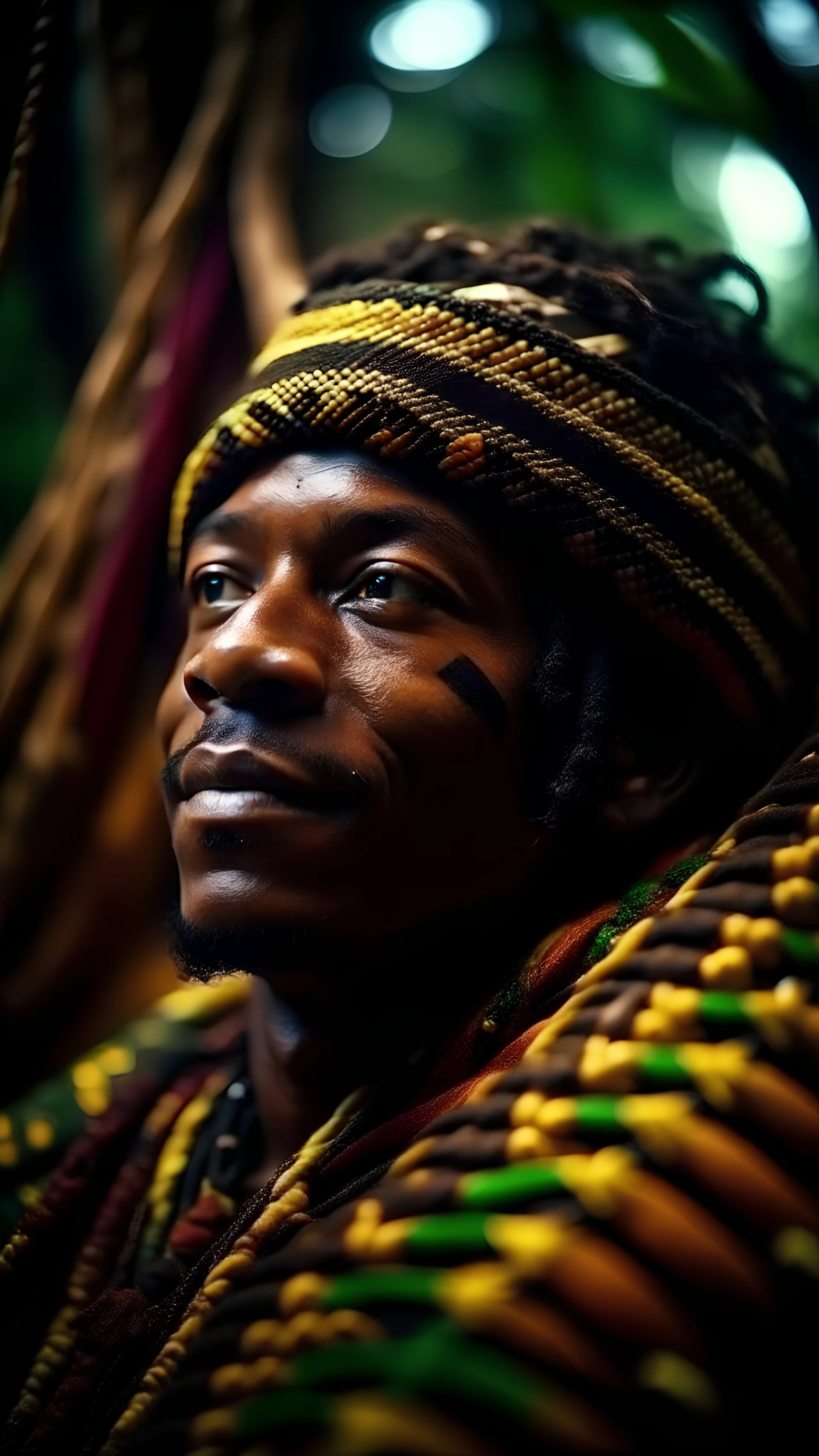 close up portrait of a happy blessed boa buffalo soldier woven into a sacred geometry knitted tapestry hammock over an ant hill in the middle of lush magic jungle forest, bokeh like f/0.8, tilt-shift lens 8k, high detail, smooth render, down-light, unreal engine, prize winning